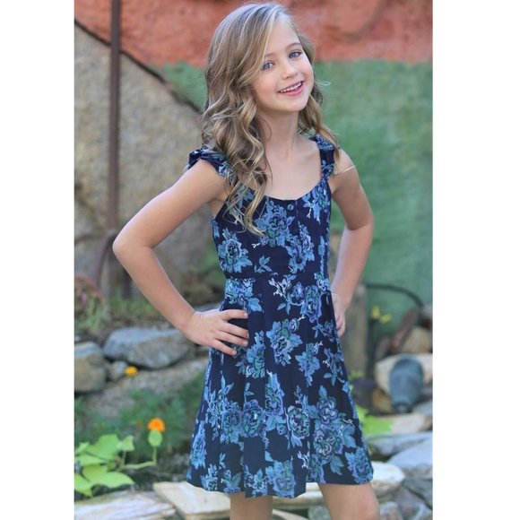 Floral Ruffle Sleeve Strap Dress Girls Blue Casual - Picture 3 of 8